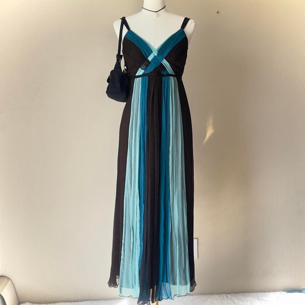Signature by Robbie Bee Silk Brown & Turquoise Babydoll Maxi Dress - Size 8P